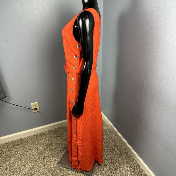 Vtg Claude Rene Orange Linen Side Button Sleeveless Dress Maxi Belt Sz 14 New - Picture 8 of 15